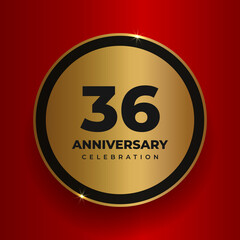 36 years anniversary celebration background. Celebrating 36th anniversary event party poster template. Vector golden circle with numbers and text on red square background. Vector illustration