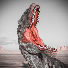giganotosaurus is with the jaws wide open on sunset desert © DM7