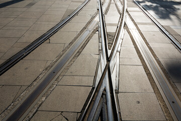 Perspective tram tracks in late afternoon light.