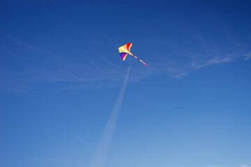 Colorful kite flying in the blue summer sky 