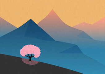Lonely flowering pink tree in mountains. Abstract morning landscape