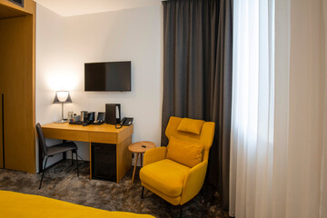 Hotel apartment interior with furniture