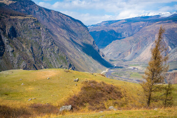 Mountain pass Katu-Yaryk with view on valley of the mountain river Chulyshman, Altai, Russia