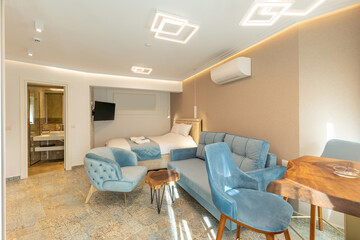 Interior of a luxury living room with marble floor