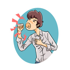 young man coughing hard and suffering chest pain