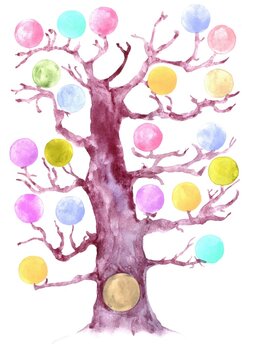 watercolor family tree with empty spaces for photos and names of relatives on a white background