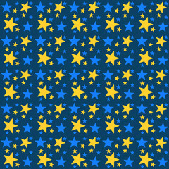 Seamless pattern with stars on a blue background. Blue and yellow stars of different sizes.