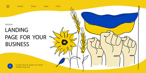 Landing page with hands, fist and Ukraine traditional flower, wheat, sunflower. Vector illustration global politics, NO WAR in Ukraine, aggression problem picture in continuous line art style