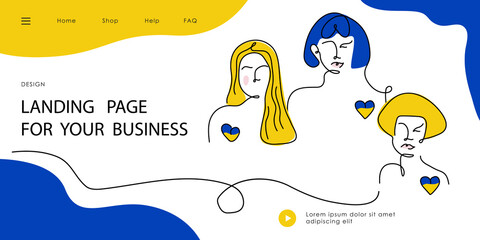 Landing page with Ukrainian womans, girls in tradition colors. Vector illustration global politics, NO WAR in Ukraine, aggression problem picture in continuous line art style