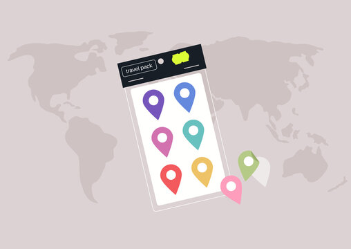 A travel sticker pack with geo tag pins, a destination markers set