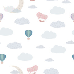 Childish seamless print. Pattern of clouds and balloons in the sky. Pastel shades. Derezhables and balloons with a travel basket. Vector illustration