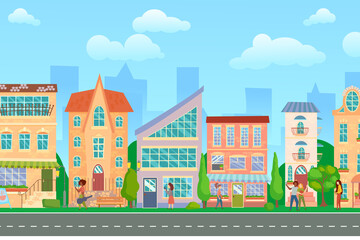 Obraz na płótnie Canvas City street. Panoramic cityscape with bright houses, walking pedestrians. Shop and stores. Summer city. Vector illustration in cartoon style.