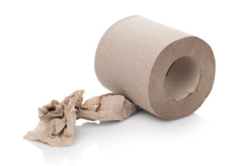 a roll of recycled toilet paper lies on a white isolated background a little unwound and crumpled