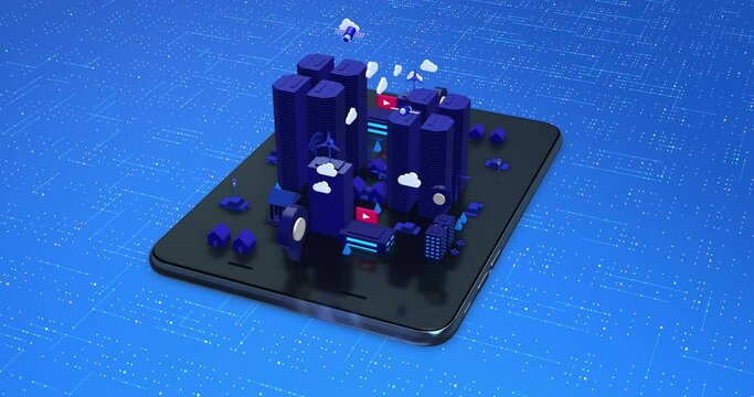 Metropolitan Smart City On Tablet Computer. Wireless Network. Night Time. Perfect Loop. Technology Related 3D 4K Motion Graphics.