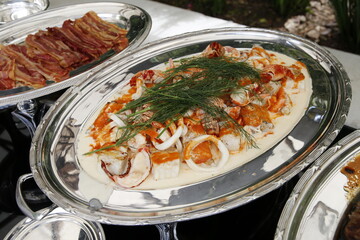 food plate served on metal platter

