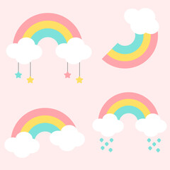 Cute rainbow with clouds icon set on pink background. Vector illustration.