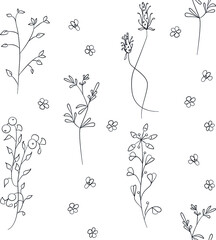 Seamless field flowers and grasses elements vector pattern