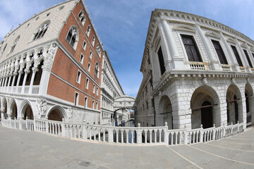 Venice, VE, Italy - May 18, 2020: Incredible e very rare view of  bridge of sighs and Ducal Palace...