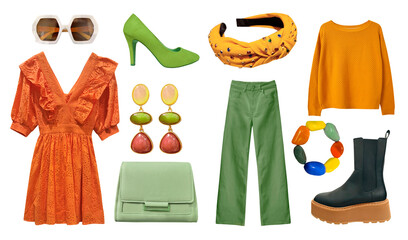 Beautiful women's clothing set isolated on white. Collage of modern  green orange clothes....