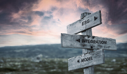 esg integration model text quote caption on wooden signpost outdoors in nature with dramatic sunset skies. Panorama crop. ESG Concept