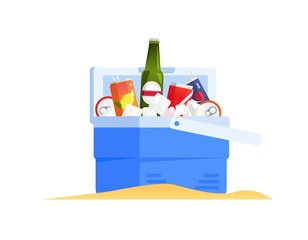 Cooler bag with soft rinks in cans and beer. Portable open fridge for summer vacations and beach. Flat vector illustration isolated on white backround