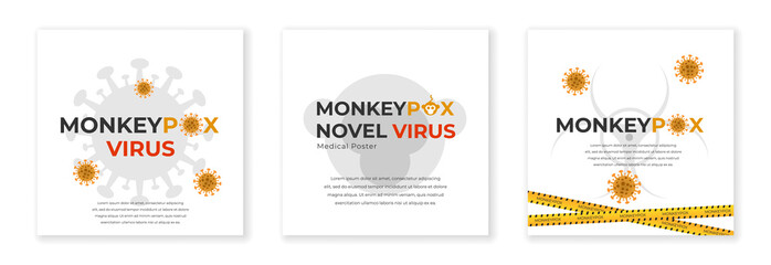 Monkeypox virus flyer set. Monkeypox infection pandemic. Banner with monkey, virus and dangerous icon. Monkey Pox virus outbreak pandemic banner background. Vector illustration background - obrazy, fototapety, plakaty
