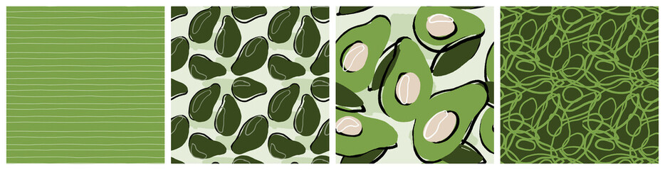  Fresh avocado seamless pattern. Colorful abstract keto diet ingredient, healthy fruit product packaging background or kitchen textile print in green and mint colors.