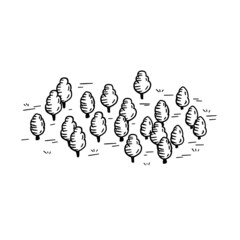 Sketch forest for map. Hand drawn trees. Park area. Natural landscape. Doodle outline cartoon