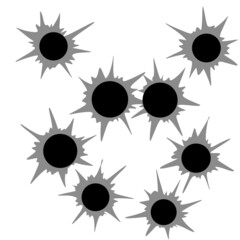 Bullet holes. Torn of gunshot hitting the wall. Template of shooting.