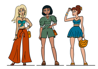 Set of cartoon women in boho style clothes.
