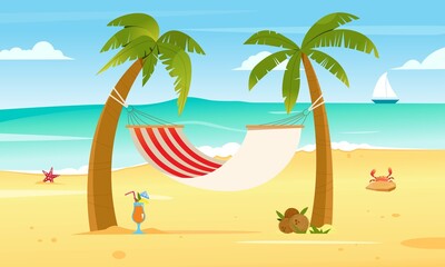 Fototapeta na wymiar Hammock hanging between palm trees. Flat vector illustration, beach vacation. Tropical background with sea and sand