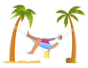 Man laying in a hammock between two palm trees on a beach napping by reading a book. Flat vector illustration isolated on white