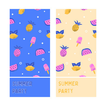 Two layouts for invitations and tickets for a summer party. Layout with summer pattern with fruits. Vector illustration