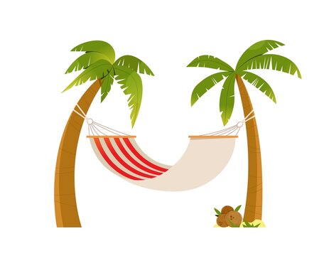 Hammock hanging between palm trees. Flat vector illustration, beach vacation
