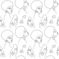 Seamless pattern with a face of an Afro American women in a modern abstract minimalist one line style. Continuous black line of an African girl simple drawing. Vector illustration.