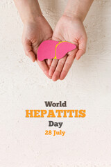 World hepatitis day. Adult hands holding donation liver on white background. Awareness of prevention and treatment viral hepatitis. Liver cancer.