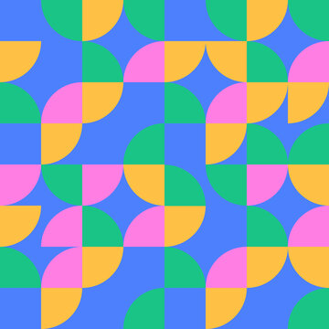 Modern vector abstract seamless geometric pattern with semicircles in summer colors. Pink, blue, green and yellow shapes