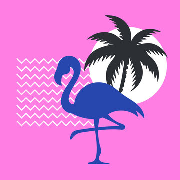 Silhouette of a flamingo on a pink background with a palm tree and the sun. Illustration for print and summer mood design