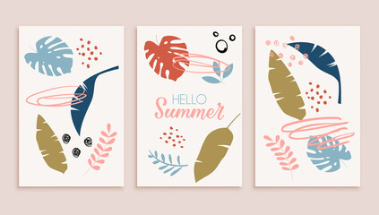 Set of modern abstract posters with tropical leaves. Hello summer. Posters for wall decor, print for notebook cover, wallpaper, textiles. Hand drawn vector. Modern design.