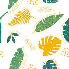 Fototapeta na wymiar Vector seamless tropical pattern. Tropical leaves hand drawn with golden stroke. Trendy wallpapers. For wall decor.
