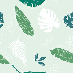 Fototapeta na wymiar Vector hand drawn seamless pattern. Tropical leaves in pastel colors. Monstera, banana leaves, twigs and dots in doodle style. trendy wallpapers. For decorating walls, rooms.