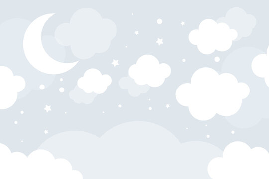 Vector hand drawn cute wallpaper with clouds, stars and moon on blue background. Children's 3D wallpaper.