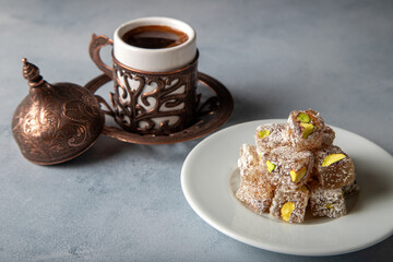 Traditional pistachio Turkish delight and Turkish coffee	