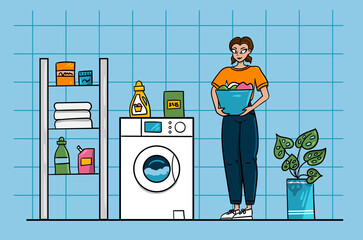 Woman in the laundry room with basket.