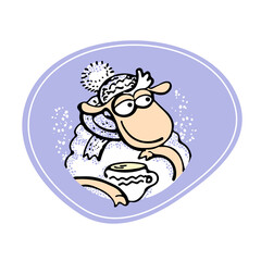 Cute aries guy in a hat and scarf with a cup and a loving look and snow in pastel colors as a sticker