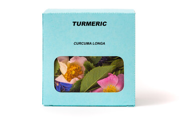 Turmeric Medicinal herbs in a cardboard box. Herbal tea in a gift box