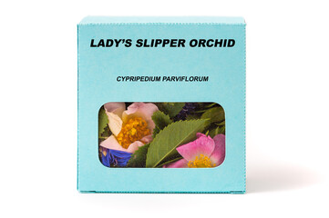 Lady’s Slipper Orchid Medicinal herbs in a cardboard box. Herbal tea in a gift box.