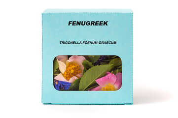 Fenugreek Medicinal herbs in a cardboard box. Herbal tea in a gift box