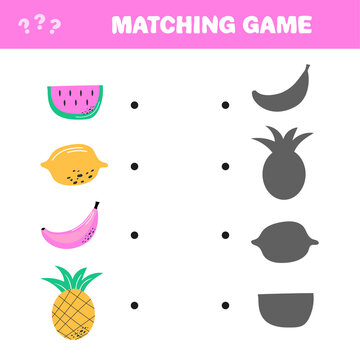 Educational game for children. Find the right shadow. Kids activity with cartoon fruits. Watermelon, lemon, banana, pineapple