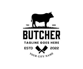 Vintage butchery logo design. Bull meat cleaver knife vector design template.